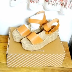 Brand New! Soludos LEATHER Platform Espadrilles 8.5 Light Cognac/Tan